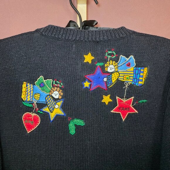 Vtg QUACKER FACTORY Black Cardigan Sweater Holiday Christmas Angels Holly Stars - Picture 9 of 11